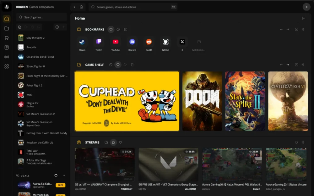 Kraken dashboard with games, streams, and deals